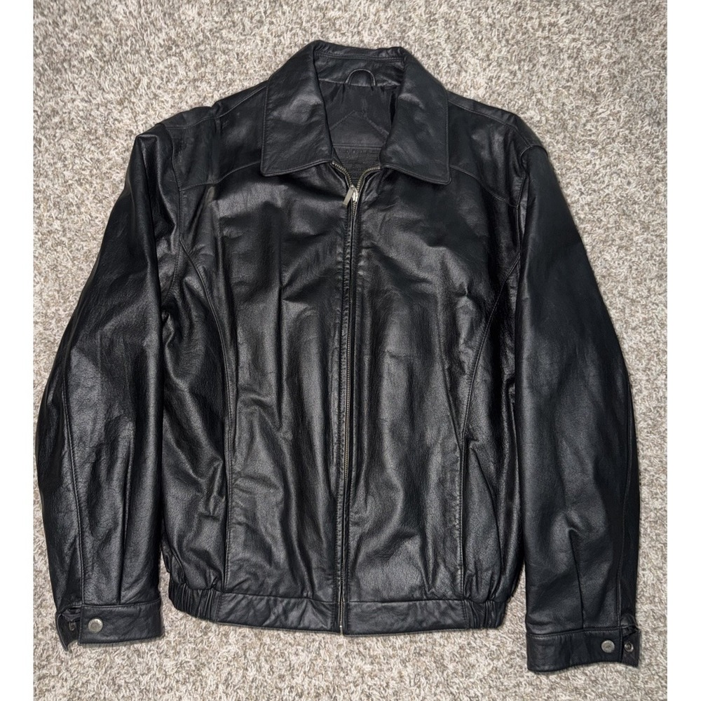 Roundtree & Yorke Leather Bomber Jacket Mens M Black Full Zip Collared Biker